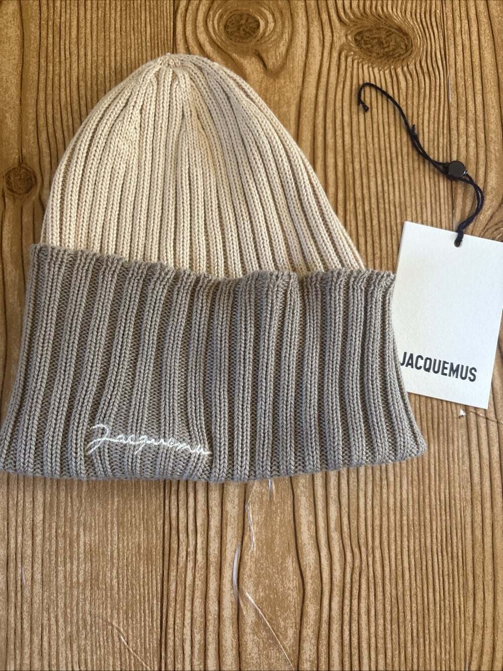 Jacquemus Beige Two Tone Balaclava Le Bonnet Cable Knit Cap Hat 100% Cotton - Picture 5 of 12